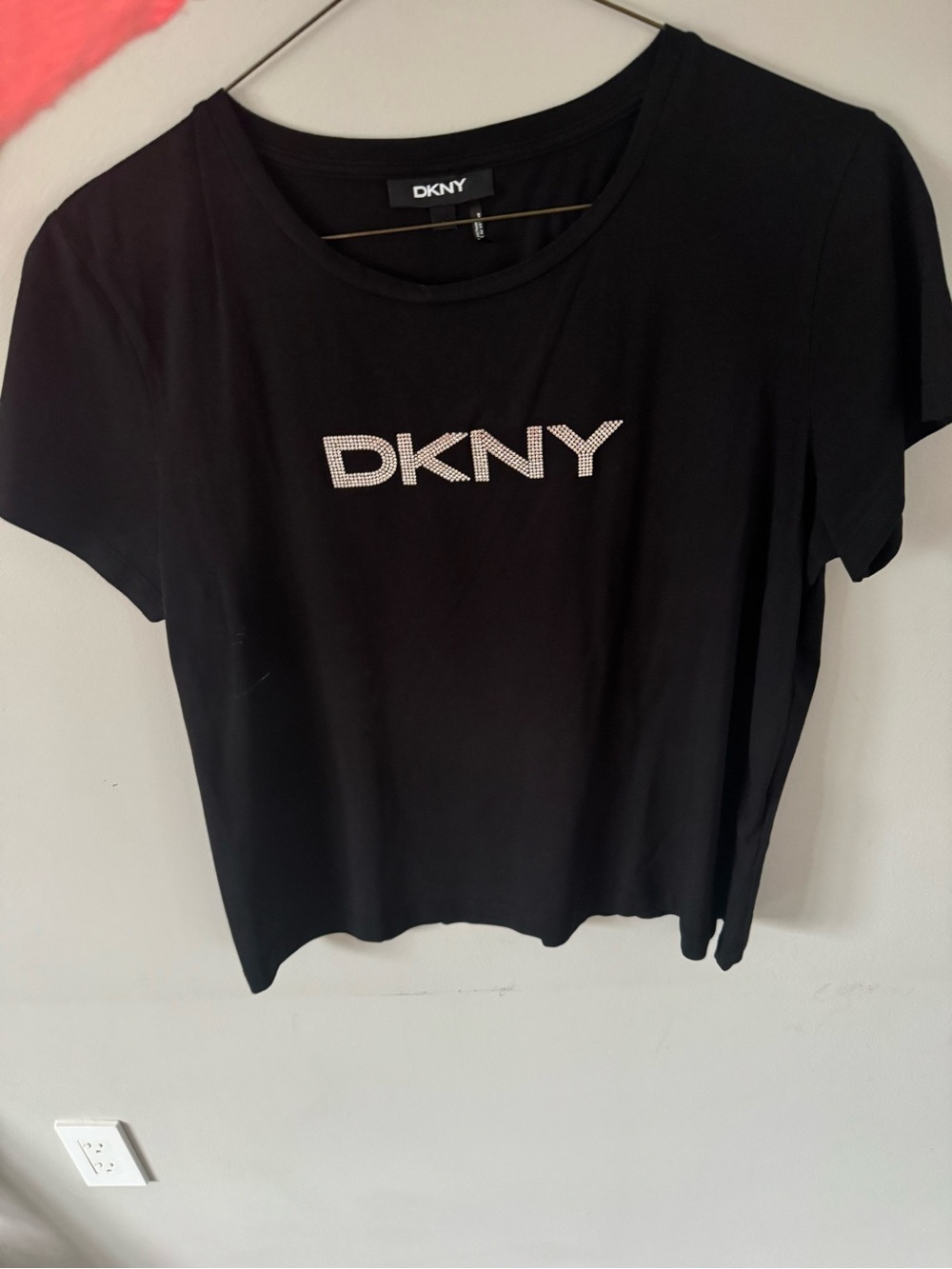 DKNY Women’s Tee Black Short-Sleeve Tee w Rhinestone Logo perfect for spring